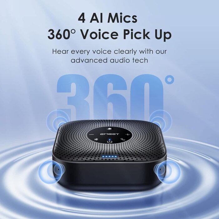 M0-PLUS - EMEET Conference Speakerphone M0 Plus, 4 AI Mics 360° Voice Pickup, Noise Reduction, USB C Speaker, Bluetooth Conference Speaker for 8 People w/Daisy Chain for 16 Compatible with Leading Software