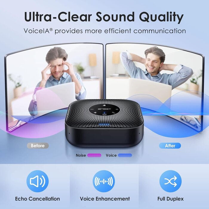 M0-PLUS - EMEET Conference Speakerphone M0 Plus, 4 AI Mics 360° Voice Pickup, Noise Reduction, USB C Speaker, Bluetooth Conference Speaker for 8 People w/Daisy Chain for 16 Compatible with Leading Software