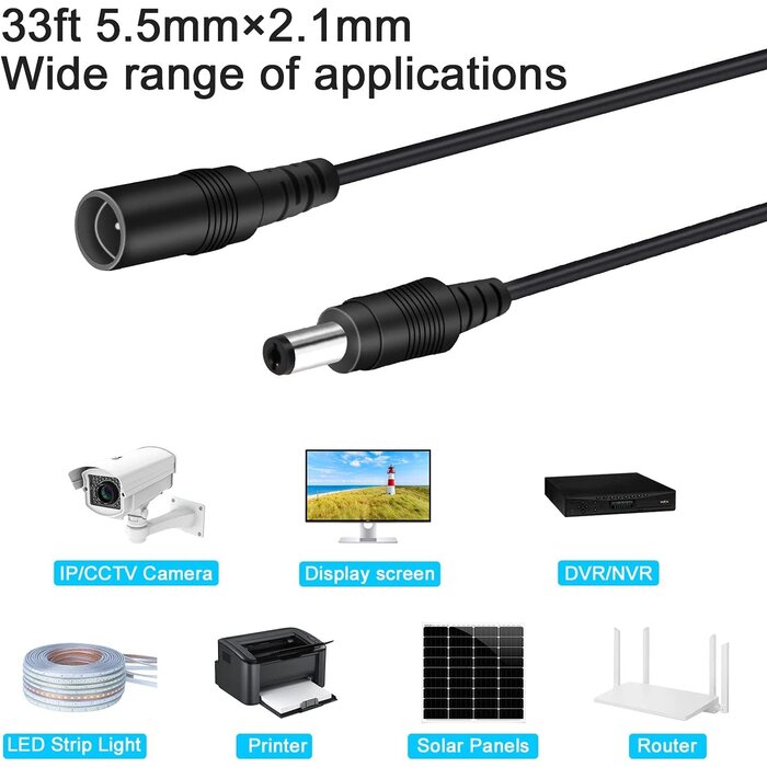 WILDHD Dcc01-10M - WILDHD DC Power Extension Cable 33ft 2.1mm x 5.5mm Compatible with 12V DC Adapter Cord for CCTV Security Camera IP Camera Standalone DVR (5.5mm DC Plug 33ft Black)