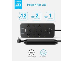 ANKER-12-2100J - Anker Power Strip Surge Protector (2100J), 12 Outlets with 1 USB-C and 2 USB Ports for Multiple Devices, 5ft, Flat Plug, 20W Power Delivery Charging for Home, Office, Dorm Essential, TUV Listed(Black)