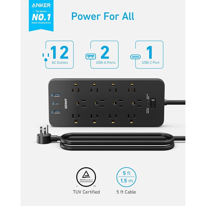 ANKER-12-2100J - Anker Power Strip Surge Protector (2100J), 12 Outlets with 1 USB-C and 2 USB Ports for Multiple Devices, 5ft, Flat Plug, 20W Power Delivery Charging for Home, Office, Dorm Essential, TUV Listed(Black)