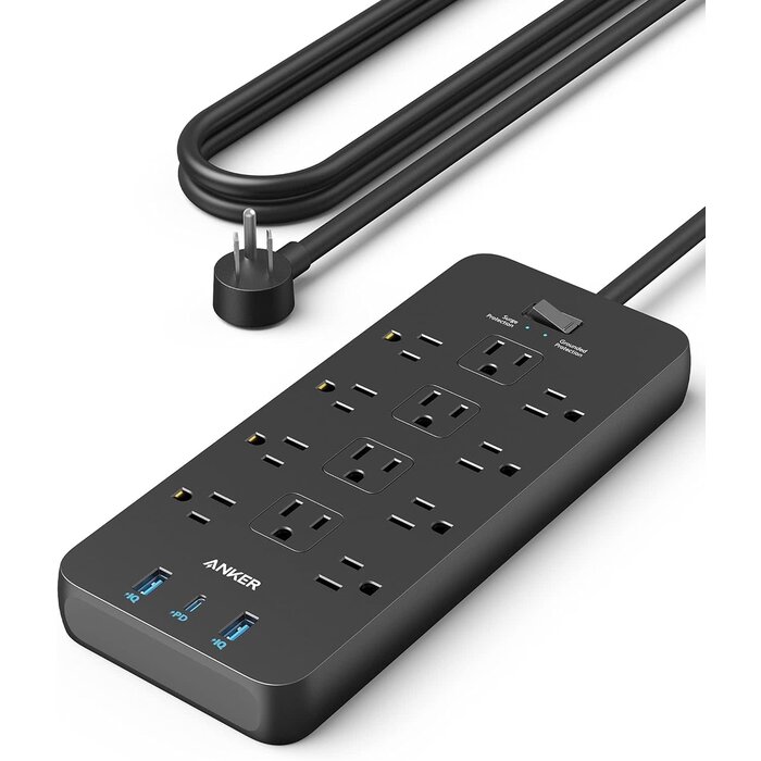 ANKER-12-2100J - Anker Power Strip Surge Protector (2100J), 12 Outlets with 1 USB-C and 2 USB Ports for Multiple Devices, 5ft, Flat Plug, 20W Power Delivery Charging for Home, Office, Dorm Essential, TUV Listed(Black)