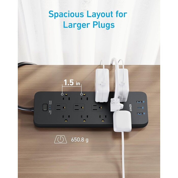 ANKER-12-2100J - Anker Power Strip Surge Protector (2100J), 12 Outlets with 1 USB-C and 2 USB Ports for Multiple Devices, 5ft, Flat Plug, 20W Power Delivery Charging for Home, Office, Dorm Essential, TUV Listed(Black)