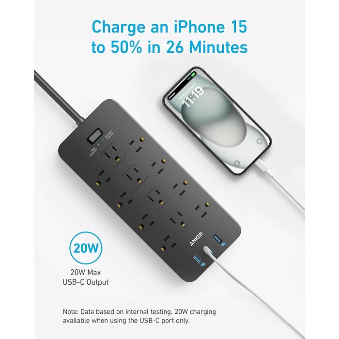 ANKER-12-2100J - Anker Power Strip Surge Protector (2100J), 12 Outlets with 1 USB-C and 2 USB Ports for Multiple Devices, 5ft, Flat Plug, 20W Power Delivery Charging for Home, Office, Dorm Essential, TUV Listed(Black)