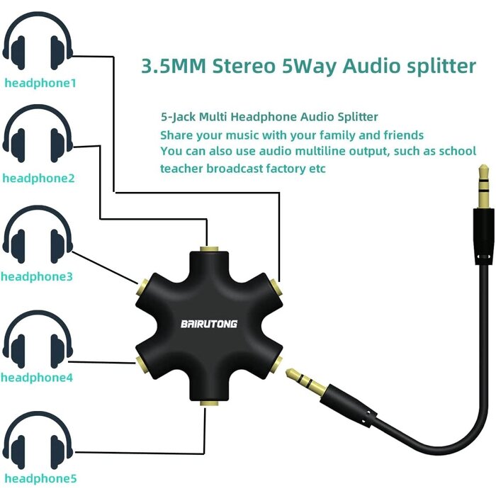 Onxe 3.5mm Stereo Audio Headset Adapter, 5 Way 1 Male to 2 3 4 5 Female Splitter Cable for Mp3 Player, Mobile Phone, Laptop, PC, Headphones, Speakers