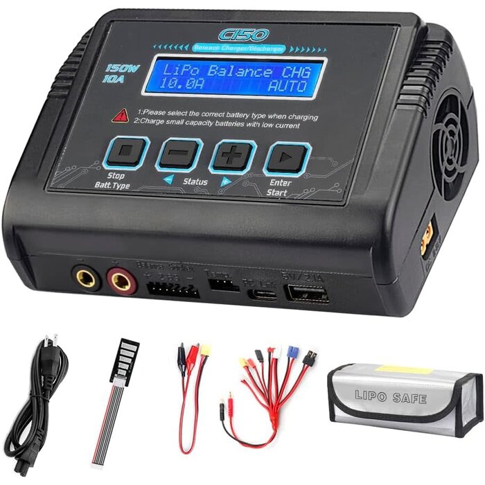 HRTC HTRC-1-6S-150W - HTRC LiPo Battery Charger RC Balance Fast Charger Discharger 150W 10A AC/DC Battery Chargers for 1-6S Life Li-ion LiHV NiCd NiMH PB Smart Battery (Black)