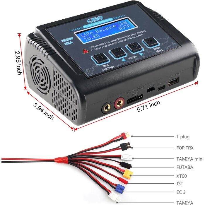 HRTC HTRC-1-6S-150W - HTRC LiPo Battery Charger RC Balance Fast Charger Discharger 150W 10A AC/DC Battery Chargers for 1-6S Life Li-ion LiHV NiCd NiMH PB Smart Battery (Black)