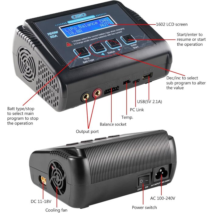 HRTC HTRC-1-6S-150W - HTRC LiPo Battery Charger RC Balance Fast Charger Discharger 150W 10A AC/DC Battery Chargers for 1-6S Life Li-ion LiHV NiCd NiMH PB Smart Battery (Black)