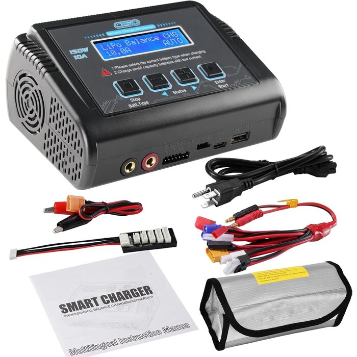 HRTC HTRC-1-6S-150W - HTRC LiPo Battery Charger RC Balance Fast Charger Discharger 150W 10A AC/DC Battery Chargers for 1-6S Life Li-ion LiHV NiCd NiMH PB Smart Battery (Black)