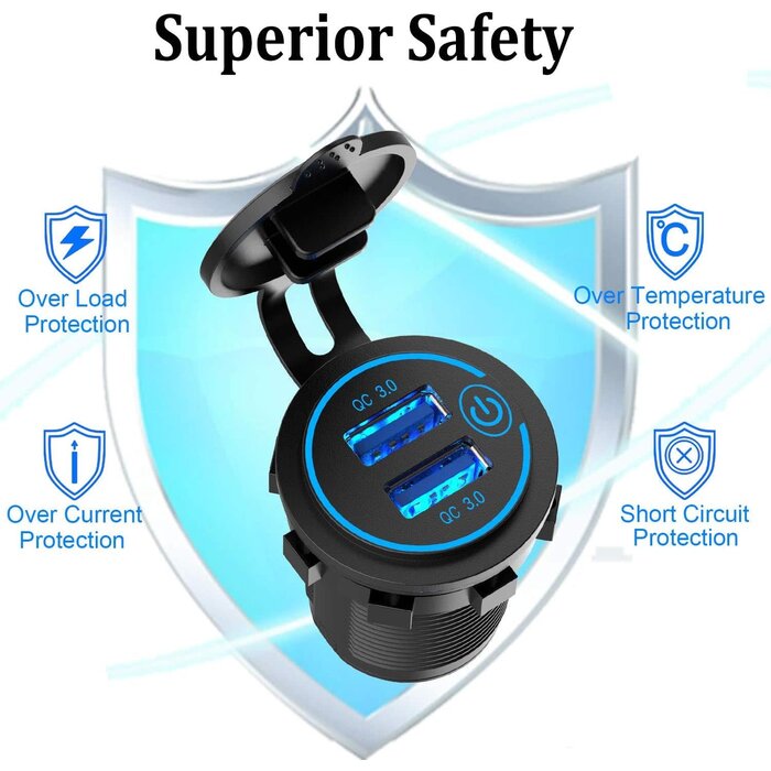 Qidoe USB-SOCKET - Qidoe 12V USB Outlet, Quick Charge 3.0 Dual USB Power Outlet with Touch Switch, Waterproof 12V/24V Fast Charge USB Charger Socket DIY Kit for Car Boat Marine Bus Truck Golf Cart RV Motorcycle, etc.