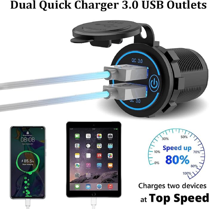 Qidoe USB-A-SOCKET - Qidoe 12V USB Outlet, Quick Charge 3.0 Dual USB Power Outlet with Touch Switch, Waterproof 12V/24V Fast Charge USB Charger Socket DIY Kit for Car Boat Marine Bus Truck Golf Cart RV Motorcycle, etc.