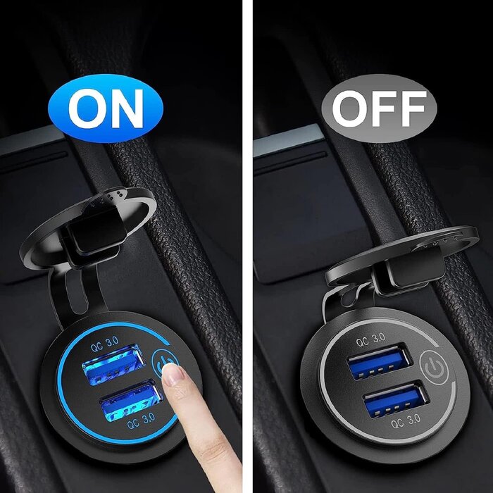Qidoe USB-A-SOCKET - Qidoe 12V USB Outlet, Quick Charge 3.0 Dual USB Power Outlet with Touch Switch, Waterproof 12V/24V Fast Charge USB Charger Socket DIY Kit for Car Boat Marine Bus Truck Golf Cart RV Motorcycle, etc.