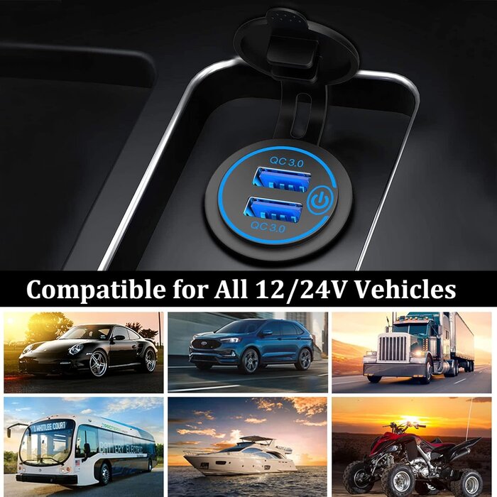 Qidoe USB-SOCKET - Qidoe 12V USB Outlet, Quick Charge 3.0 Dual USB Power Outlet with Touch Switch, Waterproof 12V/24V Fast Charge USB Charger Socket DIY Kit for Car Boat Marine Bus Truck Golf Cart RV Motorcycle, etc.