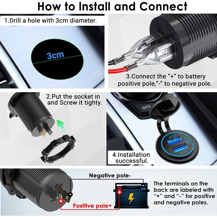 Qidoe USB-A-SOCKET - Qidoe 12V USB Outlet, Quick Charge 3.0 Dual USB Power Outlet with Touch Switch, Waterproof 12V/24V Fast Charge USB Charger Socket DIY Kit for Car Boat Marine Bus Truck Golf Cart RV Motorcycle, etc.