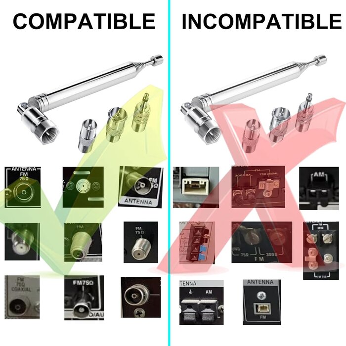 FM-ANT-MULTI - Ancable Indoor FM Telescopic Radio Antenna 75 Ohm F Type Male Plug Connector with Adapter for Table Top Radio HiFi AV Stereo Receiver Mini System