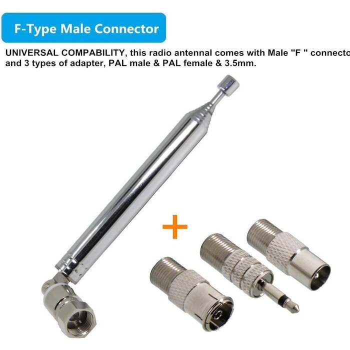 FM-ANT-MULTI - Ancable Indoor FM Telescopic Radio Antenna 75 Ohm F Type Male Plug Connector with Adapter for Table Top Radio HiFi AV Stereo Receiver Mini System
