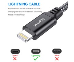 LIGHTNING-3FT - IWAVION iPhone Charger Cable, 3ft/1m Lightning Cable Nylon Braided MFi Certified iPhone Cable USB Sync Cord Fast iPhone Charging Cable for iPhone Xs Max X XR 8 7 6s 6, iPad Mini/Air, iPod