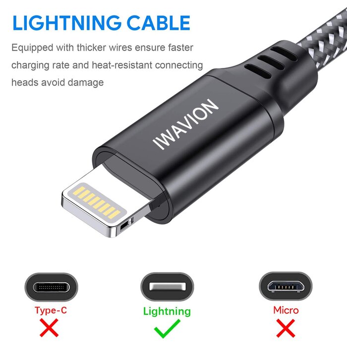 LIGHTNING-3FT - IWAVION iPhone Charger Cable, 3ft/1m Lightning Cable Nylon Braided MFi Certified iPhone Cable USB Sync Cord Fast iPhone Charging Cable for iPhone Xs Max X XR 8 7 6s 6, iPad Mini/Air, iPod