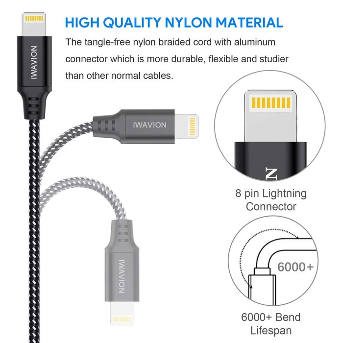 LIGHTNING-3FT - IWAVION iPhone Charger Cable, 3ft/1m Lightning Cable Nylon Braided MFi Certified iPhone Cable USB Sync Cord Fast iPhone Charging Cable for iPhone Xs Max X XR 8 7 6s 6, iPad Mini/Air, iPod