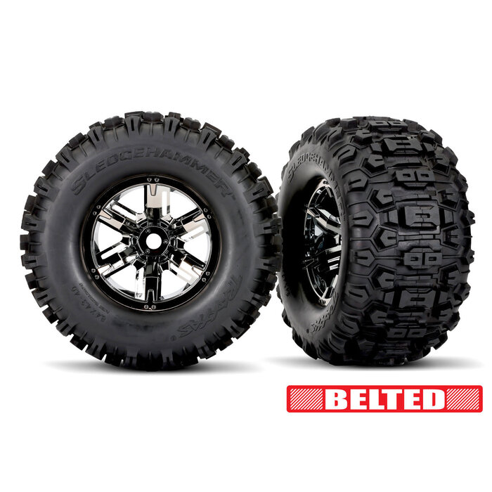 Traxxas 7871X - Black Chrome X-Maxx Wheels & Belted Sledgehammer Tires (2) X-Maxx 8s Belted & XRT