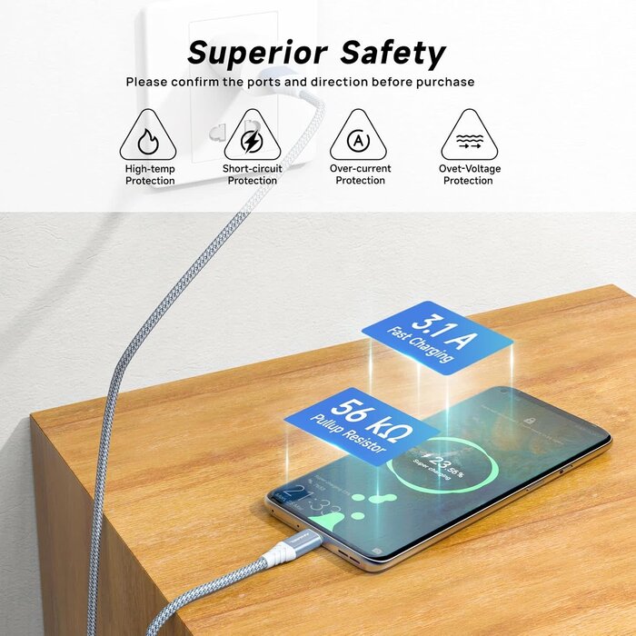 USBC-10FT - ANMIEL 3.1A Fast Charging USB-C Cable, 10ft, USB Type C Charger Cord Nylon Braided Compatible with Samsung Galaxy A10e A20 A50 A51 A71,S10 S9 S8 Plus S10E,Note 20 10 9 8,Moto G7 G8