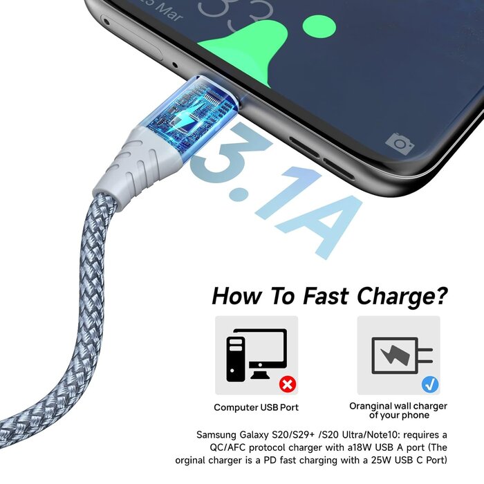 USBC-10FT - ANMIEL 3.1A Fast Charging USB-C Cable, 10ft, USB Type C Charger Cord Nylon Braided Compatible with Samsung Galaxy A10e A20 A50 A51 A71,S10 S9 S8 Plus S10E,Note 20 10 9 8,Moto G7 G8