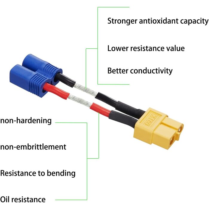 ZHOFONET EC3/M-XT60/F - ZHOFONET EC3 Male to XT60 Female Connector Adapter, XT60-EC3 Extension Cable, RC Battery Adapter with 5cm 16AWG Silicone Wire for LiPo Battery Micro FPV Drone