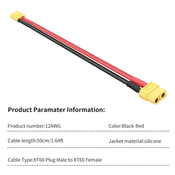 XT60/M-XT60/F - RIIEYOCA XT60 Male to XT60 Female Connector with 0.5m 12AWG Silicon Wire for RC Lipo Battery FPV Drone