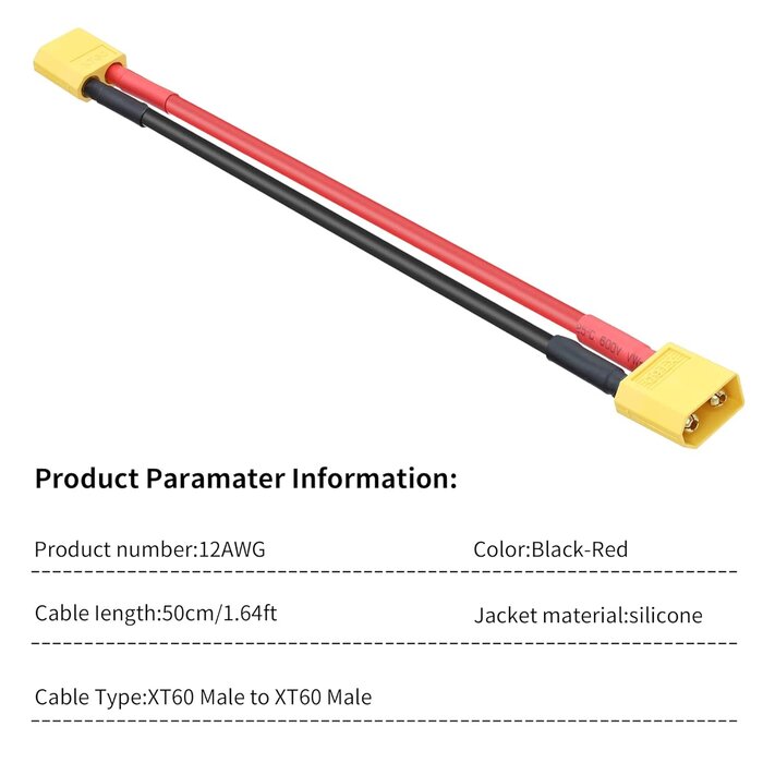 XT60/M-XT60/M - RIIEYOCA XT60 Male to XT60 Male Connector with 0.5M 12AWG Silicon Wire for RC Lipo Battery FPV Drone