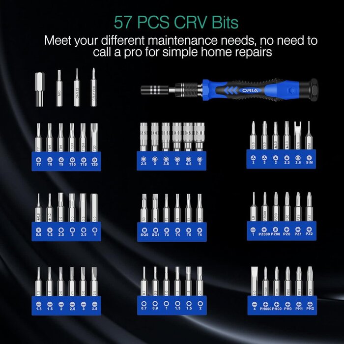 60IN1 - ORIA - Precision Screwdriver Kit, 60 in 1 with 56 Bits Screwdriver Set, Magnetic Driver Kit with Flexible Shaft, Extension Rod for Mobile Phone, Smartphone, Game Console, Tablet, PC