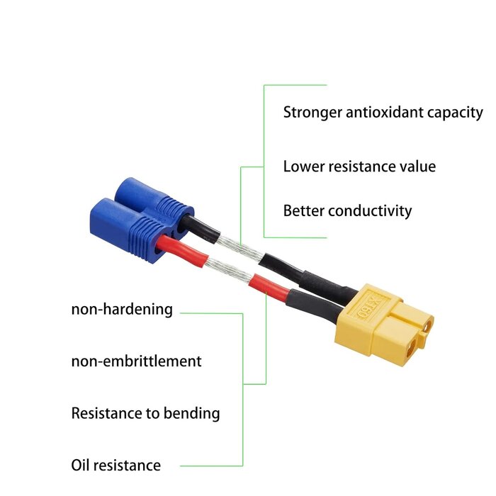 ZHOFONET EC3/M-XT60/F - ZHOFONET EC3 Male to XT60 Female Connector Adapter, XT60-EC3 Extension Cable, RC Battery Adapter with 5cm 16AWG Silicone Wire for LiPo Battery Micro FPV Drone