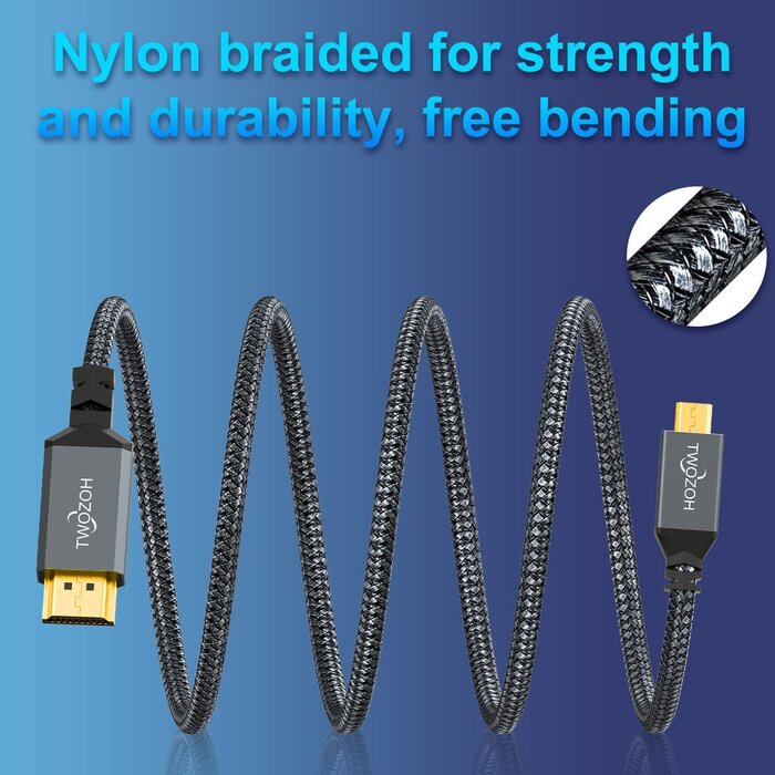 Twozoh HDMI2MICRO-HDMI - Twozoh Micro HDMI to HDMI Cable 6.6FT, Nylon Braided Micro HDMI Cable Support 3D/4K@60Hz 18Gbps/2160P/1080P for GoPro Hero7/8/9 Raspberry Pi 4