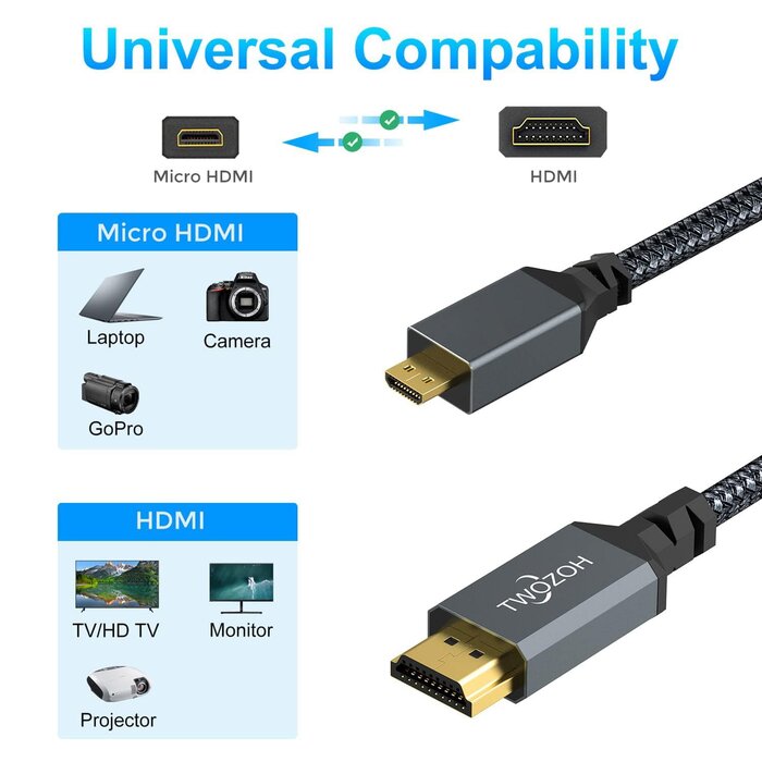 Twozoh HDMI2MICRO-HDMI-6FT - Twozoh Micro HDMI to HDMI Cable 6.6FT, Nylon Braided Micro HDMI Cable Support 3D/4K@60Hz 18Gbps/2160P/1080P for GoPro Hero7/8/9 Raspberry Pi 4