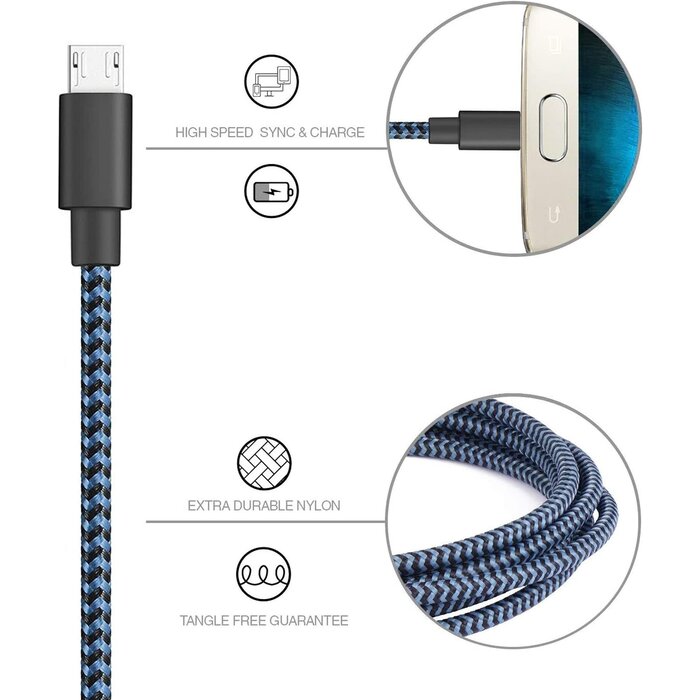 MICRO-USB-3FT - Puxnoin Micro USB Cable 3ft/1m Nylon Braided High Speed Micro USB Charging and Sync Cables Android Charger Cord Compatible Samsung Galaxy S7 Edge/S6/S5/S4,Note 5/4/3,LG,Tablet and More(Blue)