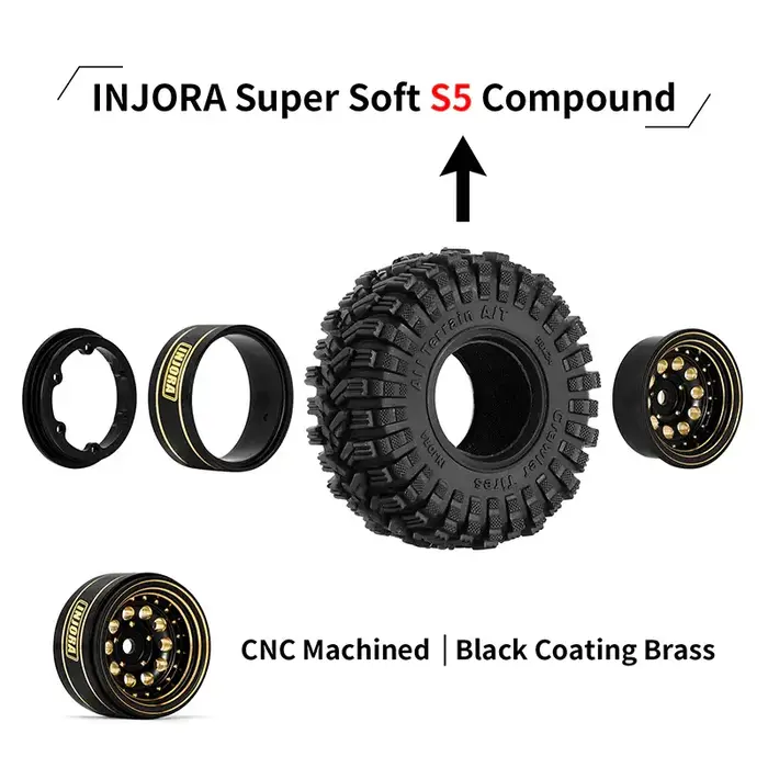 INJORA YQW-1008-1017 - INJORA 1.0" 58x24mm -2.65mm Offset Brass Beadlock Wheel Set for 1/24 1/18 RC Crawler, Black