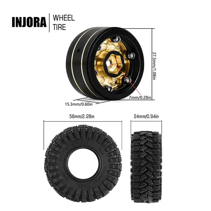INJORA YQW-1008-1017 - INJORA 1.0" 58x24mm -2.65mm Offset Brass Beadlock Wheel Set for 1/24 1/18 RC Crawler, Black