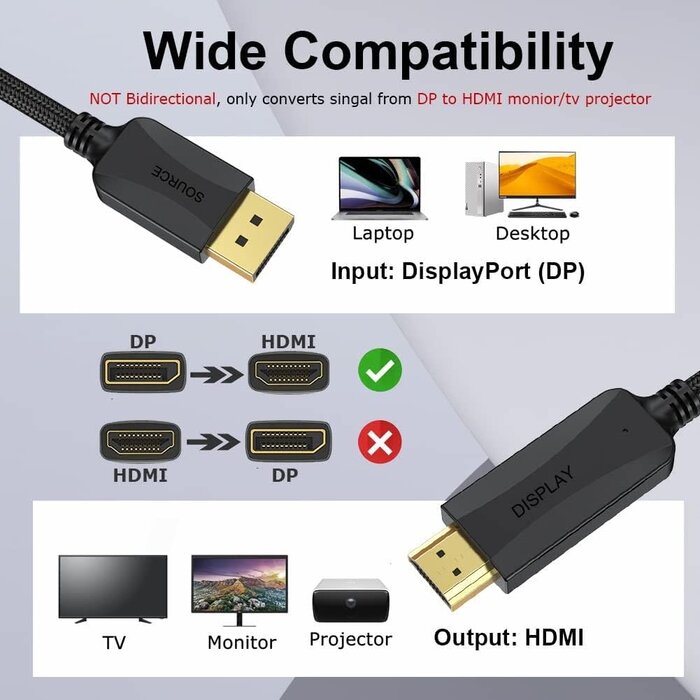 DP2HDMI-10FT - UV-CABLE DisplayPort to HDMI Cable 10 feet, 4K Display Port DP to HDMI HDTV Cord Adapter Male to Male for Audio &Video for TV, Computer, Monitor, Projector and More-Black Braided