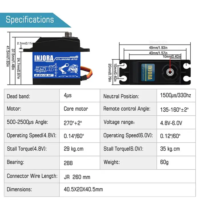 INJORA INJS035-270_Arm - INJORA INJS035 35KG Large Torque Waterproof Metal Gear Digital Servo (270 Degree, With Arm) for  1/10 RC