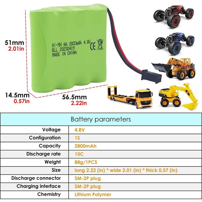 4.8V-2800mAh-SM-2P - 4.8V 2800mAh AA Rechargeable Battery with SM-2P Plug and USB Charging Cable for SY-E511 RC Excavator Truck Engineering Vehicle E562 TD141 RC Remote Control Car Toy Car Spare Battery