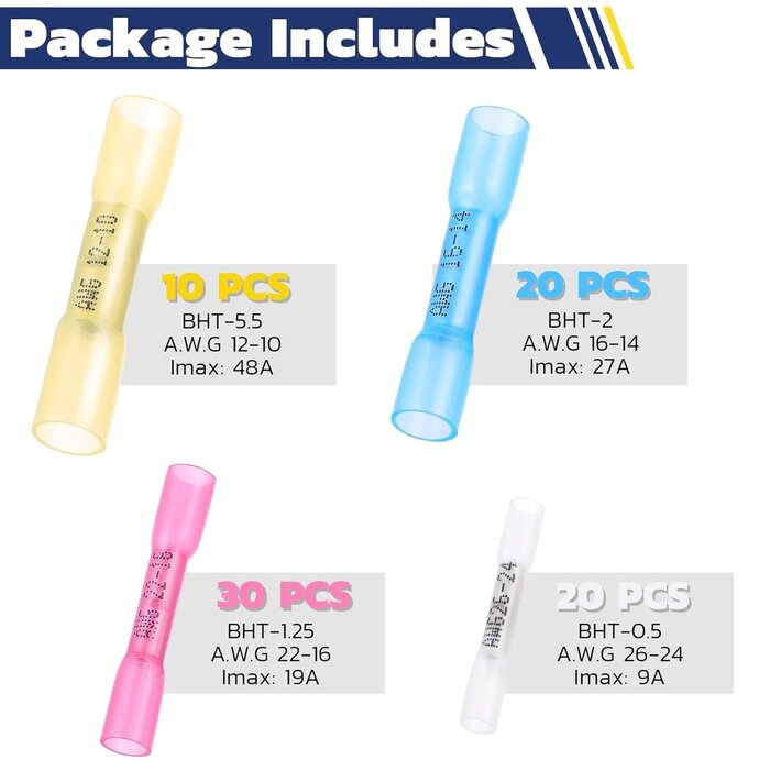 WIRE-CONNECT-80PCS - haisstronica 80PCS Heat Shrink Butt Connectors,AWG 26-10 Marine Grade Heat Shrink Wire Connectors,Tinned Red Copper Waterproof Wire Connectors(4Colors/4Sizes)