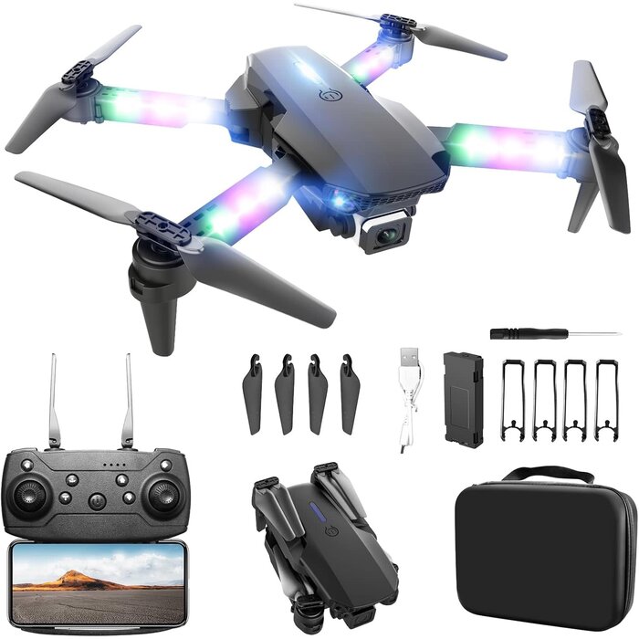 E88D-BLK - BEZGAR Drone with Camera 1080P HD, Foldable Mini FPV Drone with LED Lights for Adults Kids and Beginners, Toys Gifts RC Quadcopter with One Key Take Off, 3D Flips for Boys Girls with 2 Batteries, Black
