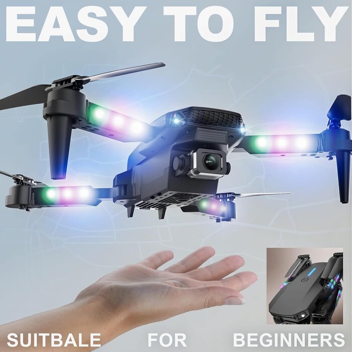 E88D-BLK - BEZGAR Drone with Camera 1080P HD, Foldable Mini FPV Drone with LED Lights for Adults Kids and Beginners, Toys Gifts RC Quadcopter with One Key Take Off, 3D Flips for Boys Girls with 2 Batteries, Black