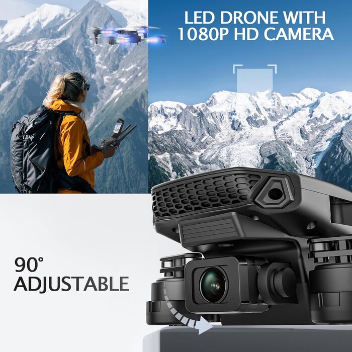 E88D-BLK - BEZGAR Drone with Camera 1080P HD, Foldable Mini FPV Drone with LED Lights for Adults Kids and Beginners, Toys Gifts RC Quadcopter with One Key Take Off, 3D Flips for Boys Girls with 2 Batteries, Black