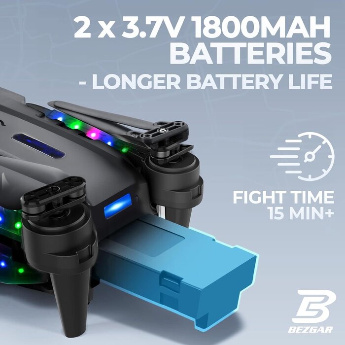 E88D-BLK - BEZGAR Drone with Camera 1080P HD, Foldable Mini FPV Drone with LED Lights for Adults Kids and Beginners, Toys Gifts RC Quadcopter with One Key Take Off, 3D Flips for Boys Girls with 2 Batteries, Black