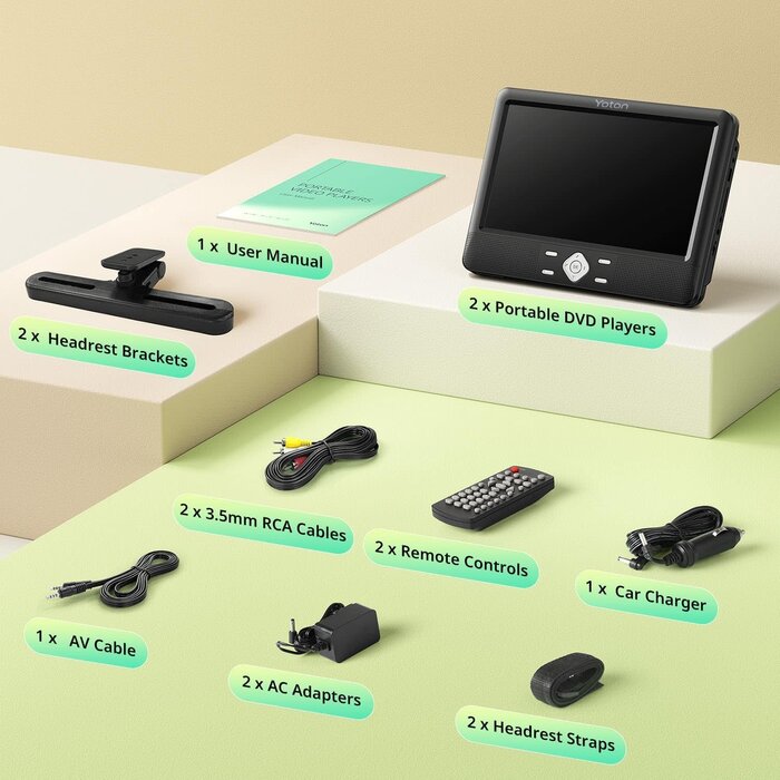 YD108 - YOTON 10.5" Two Car DVD Players Portable Headrest Dual Screen Play a Same or Two Different Movies with 6 Hours Rechargeable Battery, 2 Mounting Brackets, Support USB/SD/Sync TV