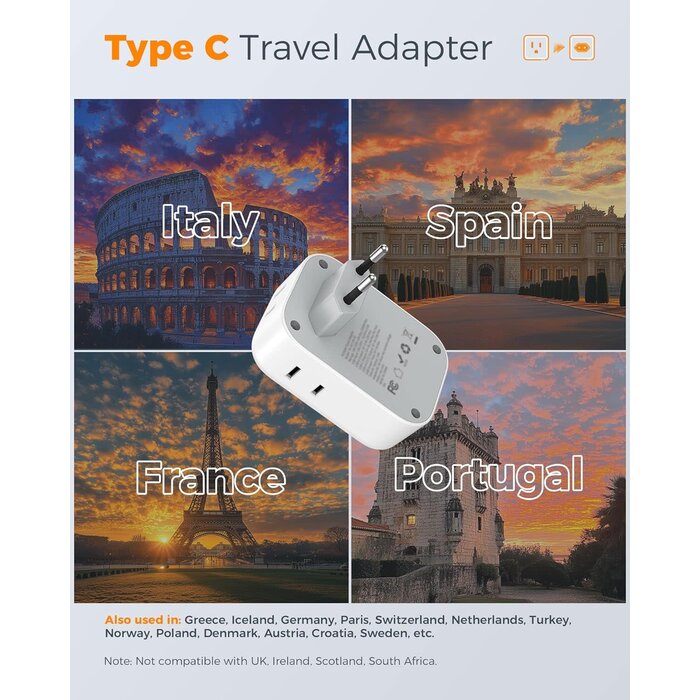 Type C European Plug Adapter, International Travel Power Adaptor 2 USB, Type C Outlet Adapter Charger USA to Most of Europe EU Spain Iceland Italy Germany France Israel