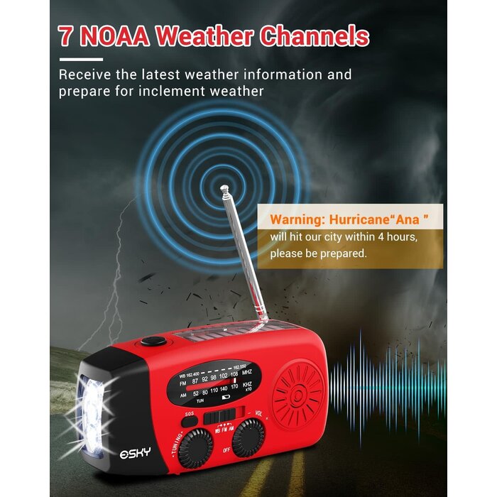 ES-CR01 - Esky - Hand Crank Radio with Flashlight for Emergency, Portable Solar Radios, Self Powered AM/FM NOAA Weather Radio with 1000mAh Power Bank Cell Phone Charger, USB Rechargeable, Great Emergency Supplies