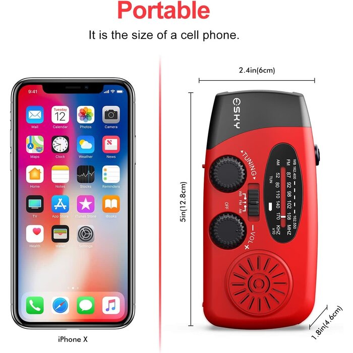 ES-CR01 - Esky - Hand Crank Radio with Flashlight for Emergency, Portable Solar Radios, Self Powered AM/FM NOAA Weather Radio with 1000mAh Power Bank Cell Phone Charger, USB Rechargeable, Great Emergency Supplies