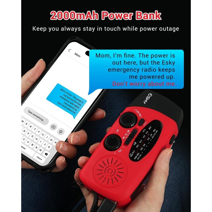 ES-CR01 - Esky - Hand Crank Radio with Flashlight for Emergency, Portable Solar Radios, Self Powered AM/FM NOAA Weather Radio with 1000mAh Power Bank Cell Phone Charger, USB Rechargeable, Great Emergency Supplies