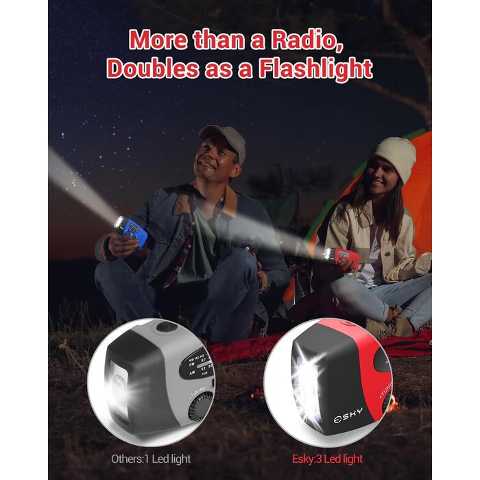 ES-CR01 - Esky - Hand Crank Radio with Flashlight for Emergency, Portable Solar Radios, Self Powered AM/FM NOAA Weather Radio with 1000mAh Power Bank Cell Phone Charger, USB Rechargeable, Great Emergency Supplies